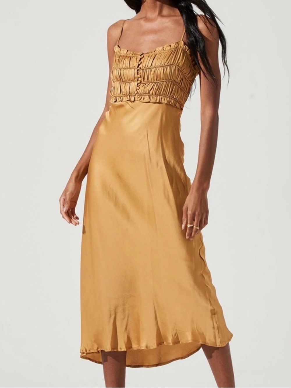 ASTR The Label Ruched Satin Slip Midi Dress in Antique Gold | Size S